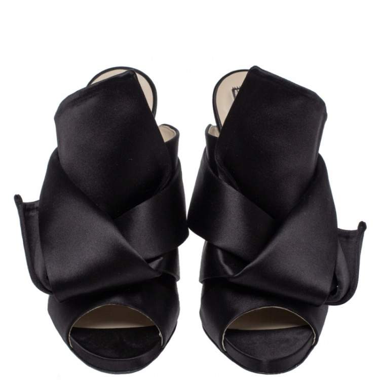 Pre Owned N21 Black Satin Raso Knot Peep Toe Mules Size 39
