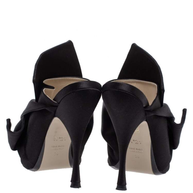 Pre Owned N21 Black Satin Raso Knot Peep Toe Mules Size 39