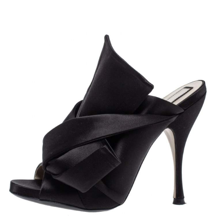Pre Owned N21 Black Satin Raso Knot Peep Toe Mules Size 39