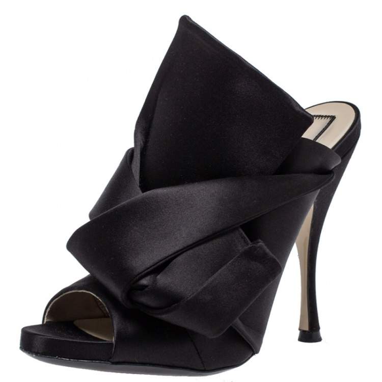Pre Owned N21 Black Satin Raso Knot Peep Toe Mules Size 39