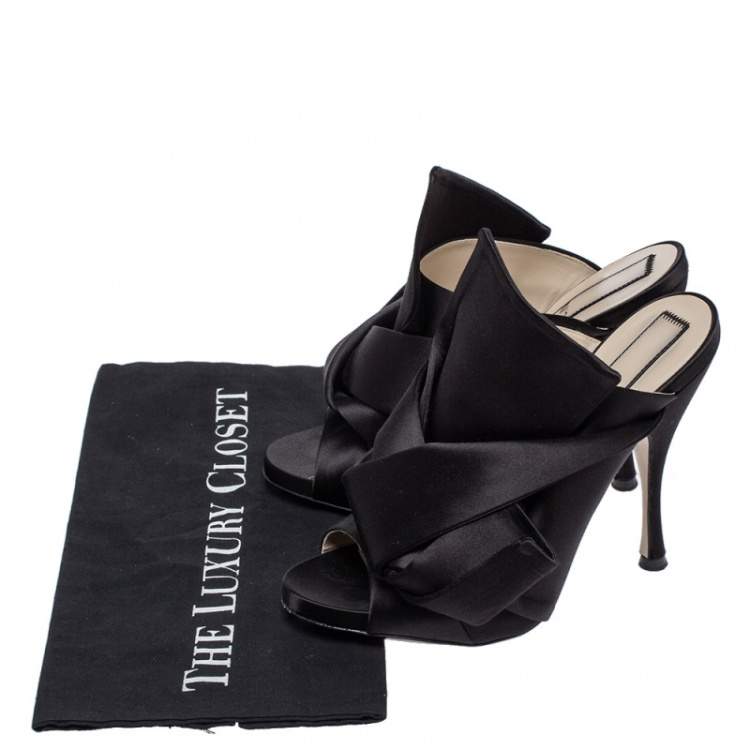 Pre Owned N21 Black Satin Raso Knot Peep Toe Mules Size 39