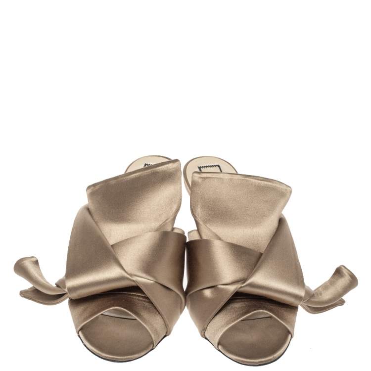 Pre Owned N21 Brown Satin Raso Knot Peep Toe Mules Size 36