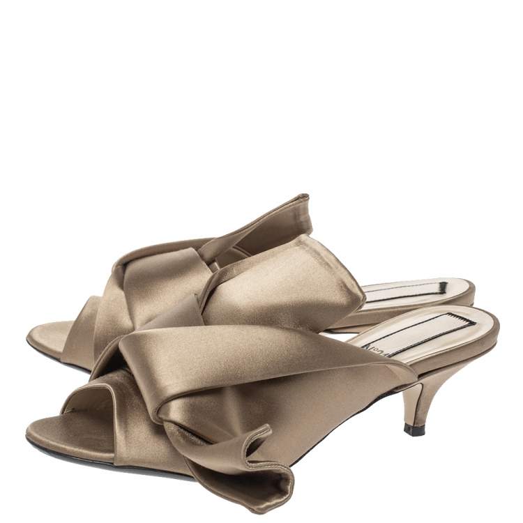Pre Owned N21 Brown Satin Raso Knot Peep Toe Mules Size 36