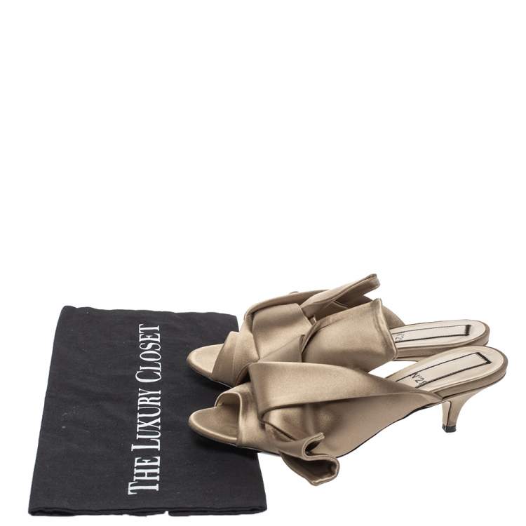 Pre Owned N21 Brown Satin Raso Knot Peep Toe Mules Size 36