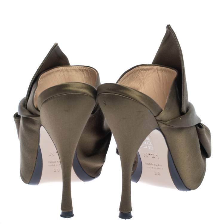 Pre Owned N21 Green Satin Raso Knot Peep Toe Mules Size 38