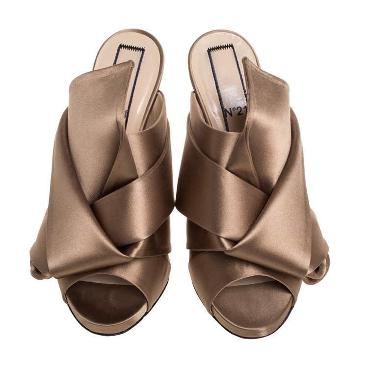 Pre Owned N21 Brown Satin Raso Knot Peep Toe Mules Size 38