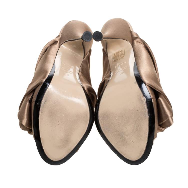 Pre Owned N21 Brown Satin Raso Knot Peep Toe Mules Size 38