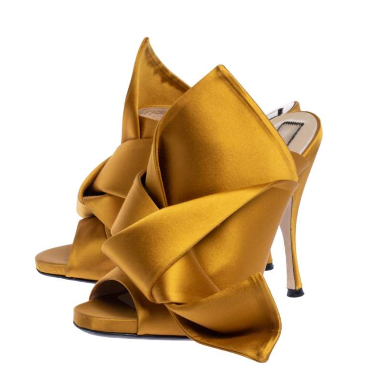 Pre Owned N21 Yellow Satin Raso Knot Peep Toe Mules Size 39