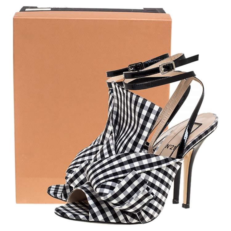 Pre Owned N21 Monochrome Checkered Knotted Fabric Gingham Ankle Wrap Peep Toe Sandals Size 38.5