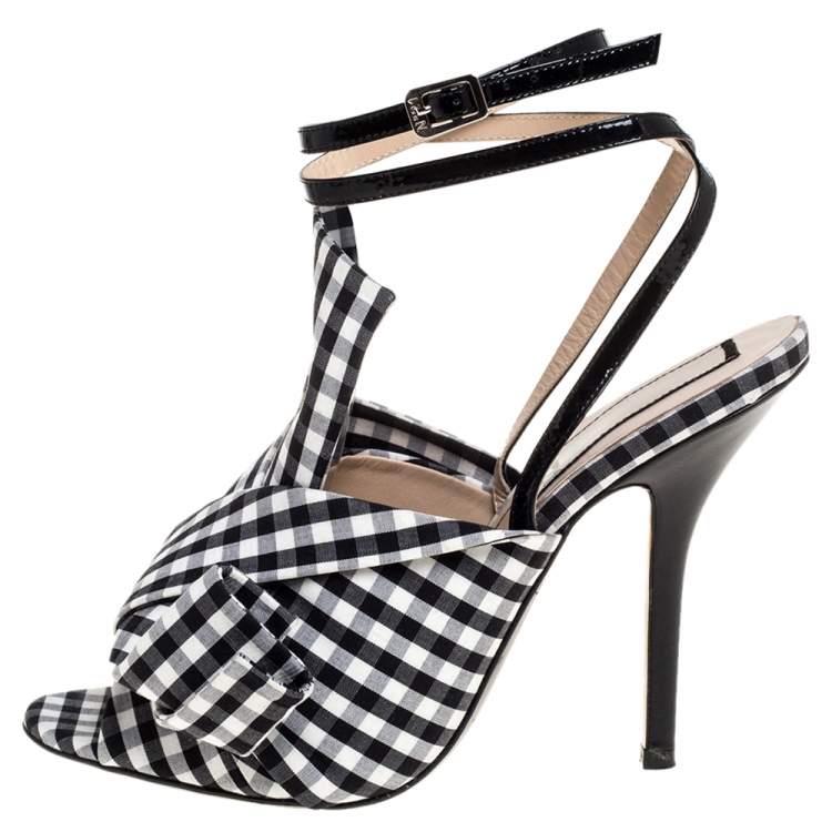 Pre Owned N21 Monochrome Checkered Knotted Fabric Gingham Ankle Wrap Peep Toe Sandals Size 38.5