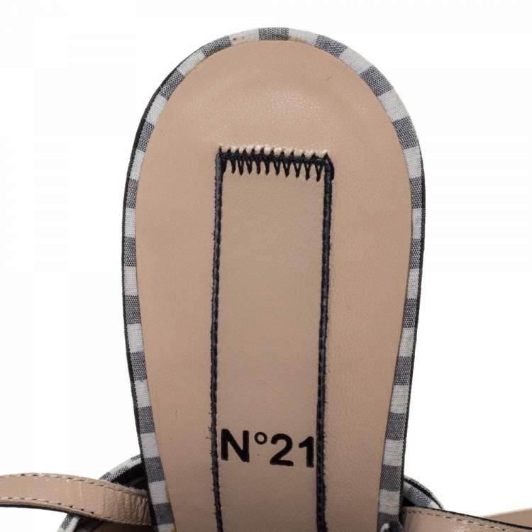 Pre Owned N21 Monochrome Checkered Knotted Fabric Gingham Ankle Wrap Peep Toe Sandals Size 38.5
