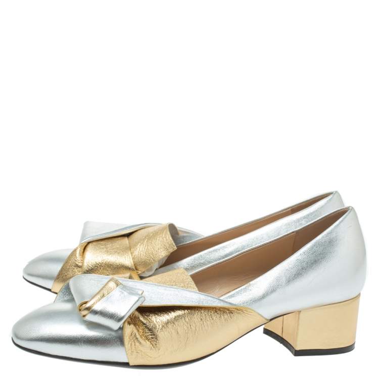 Pre Owned N21 Gold/Silver Foil Leather Knotted Round Toe Pumps Size 37.5