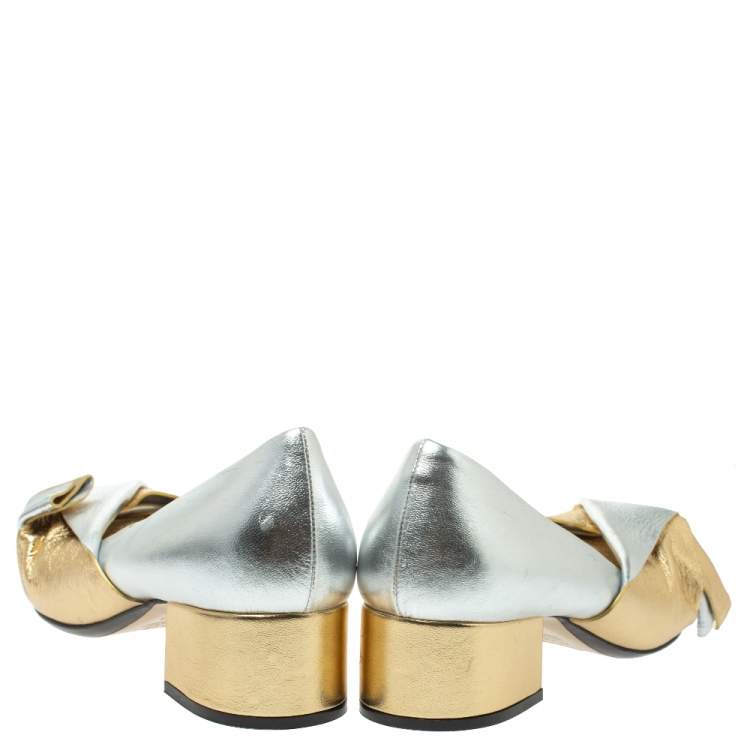 Pre Owned N21 Gold/Silver Foil Leather Knotted Round Toe Pumps Size 37.5