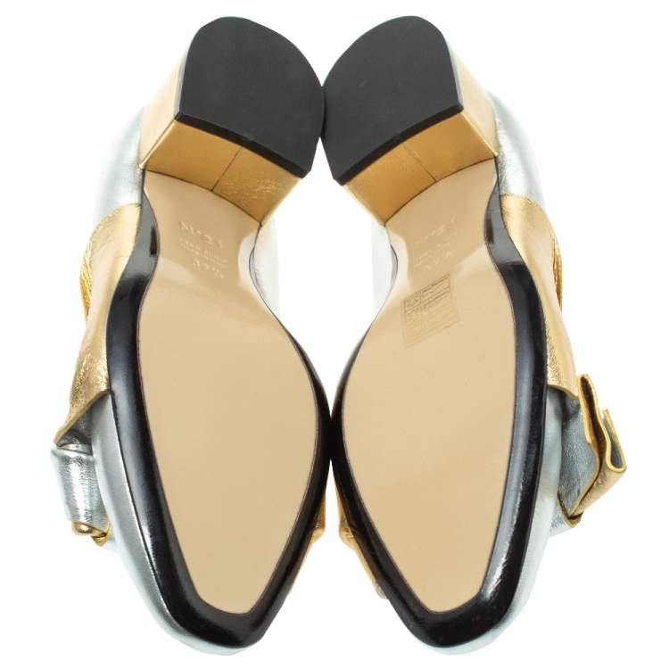 Pre Owned N21 Gold/Silver Foil Leather Knotted Round Toe Pumps Size 37.5