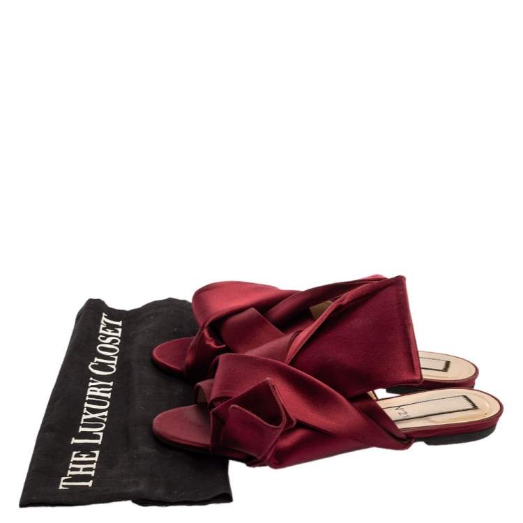 Pre Owned N°21 Burgundy Satin Knot Flat Mules Size 37