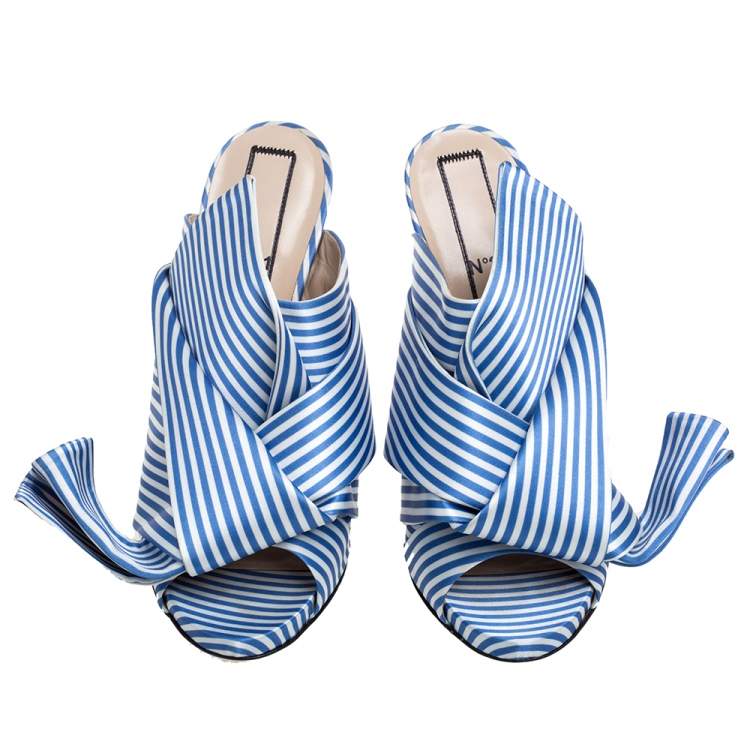Pre Owned N°21 Light Blue/ White Stripped Satin Bow Mules Sandals Size 40