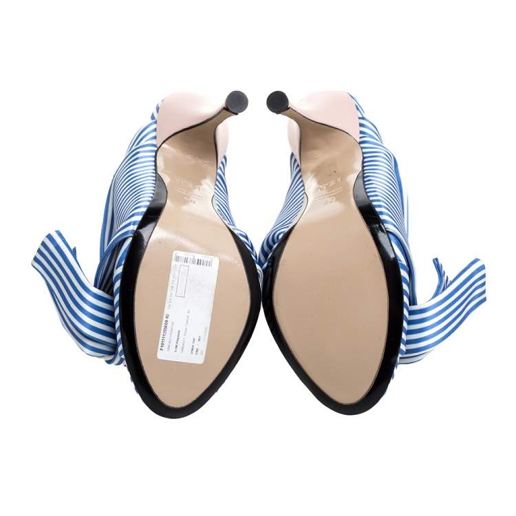 Pre Owned N°21 Light Blue/ White Stripped Satin Bow Mules Sandals Size 40