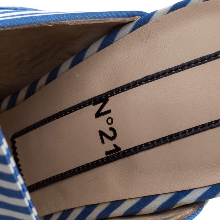 Pre Owned N°21 Light Blue/ White Stripped Satin Bow Mules Sandals Size 40