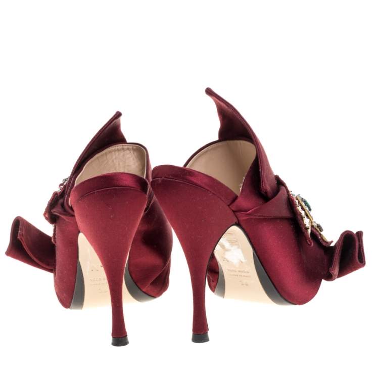 Pre Owned N21 Maroon Embellished Satin Knot Mules Sandals Size 36