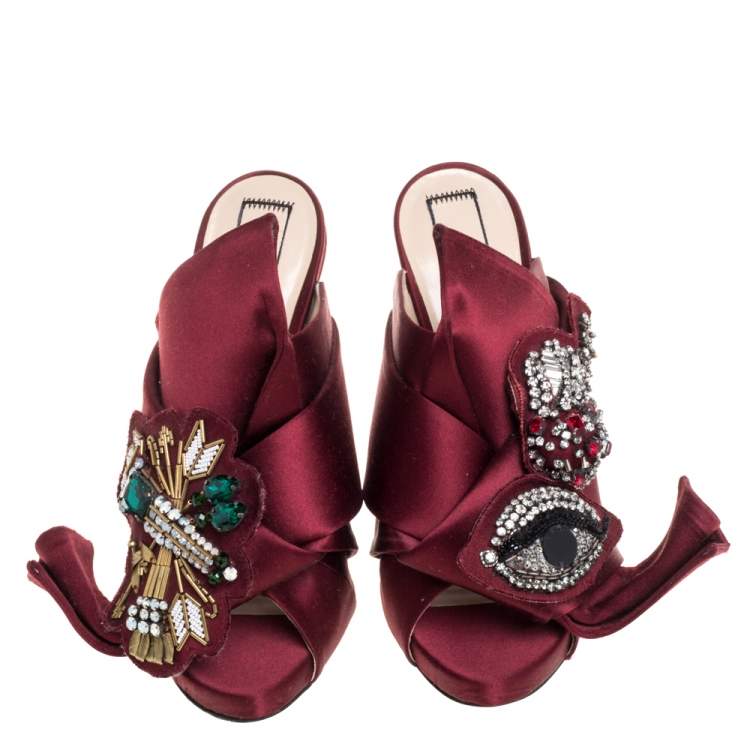 Pre Owned N21 Maroon Embellished Satin Knot Mules Sandals Size 36