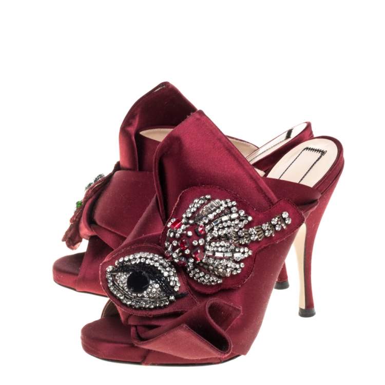 Pre Owned N21 Maroon Embellished Satin Knot Mules Sandals Size 36