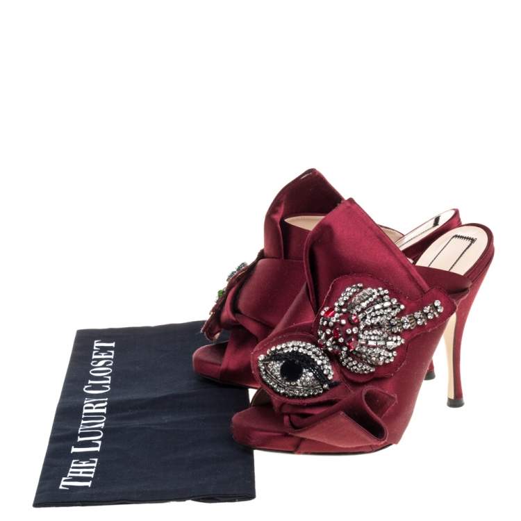 Pre Owned N21 Maroon Embellished Satin Knot Mules Sandals Size 36