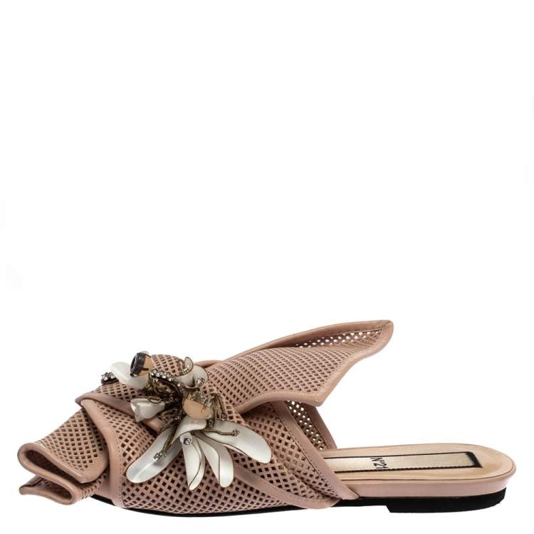 Pre Owned N21 Powder Pink Perforated Leather Knot Embellished Mules Size 38