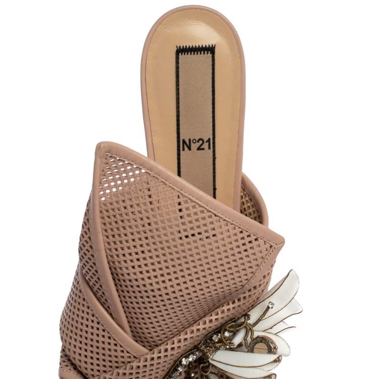 Pre Owned N21 Powder Pink Perforated Leather Knot Embellished Mules Size 38