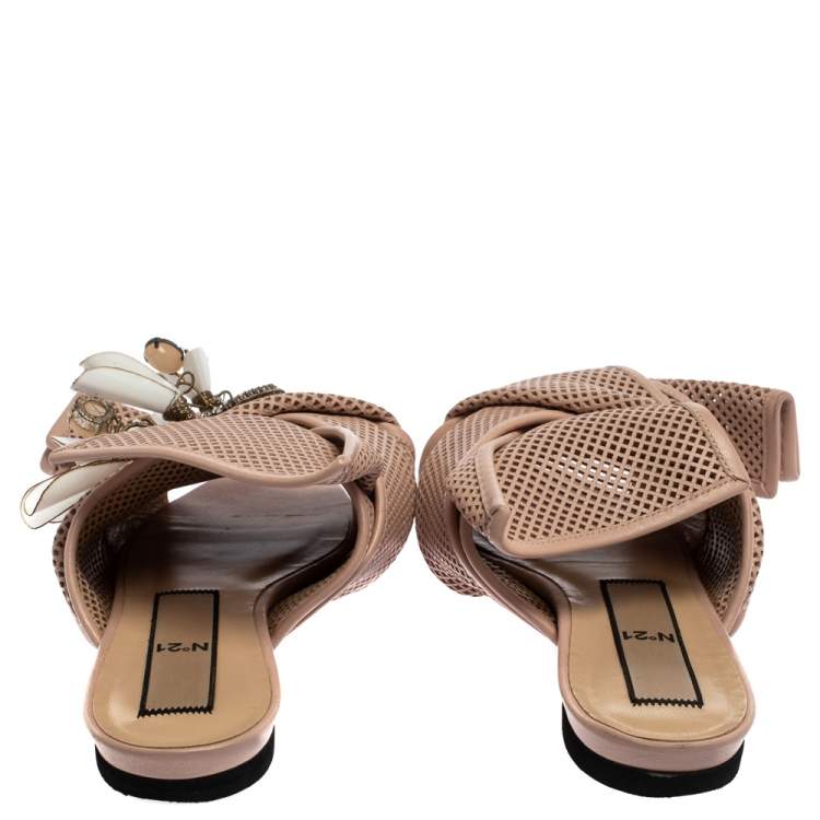 Pre Owned N21 Powder Pink Perforated Leather Knot Embellished Mules Size 38