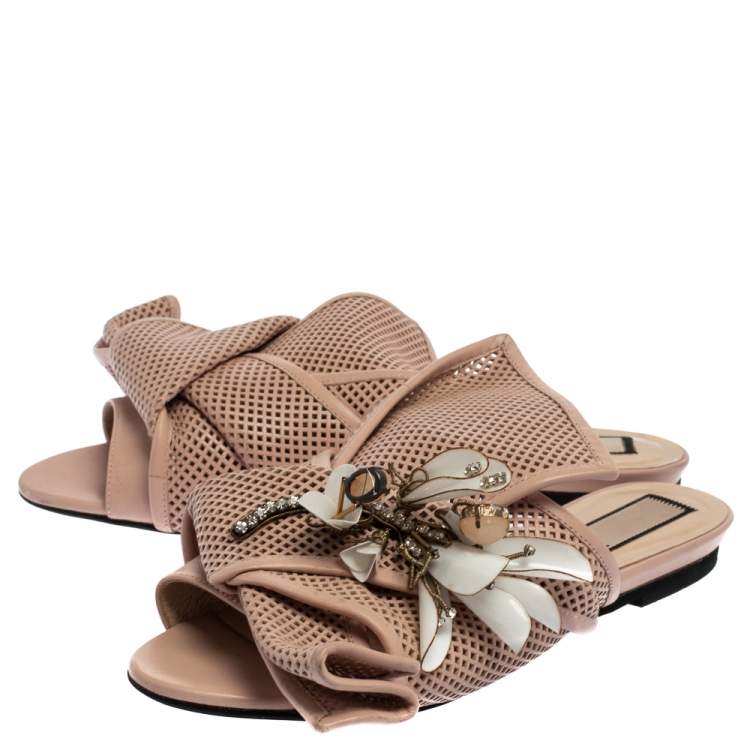 Pre Owned N21 Powder Pink Perforated Leather Knot Embellished Mules Size 38