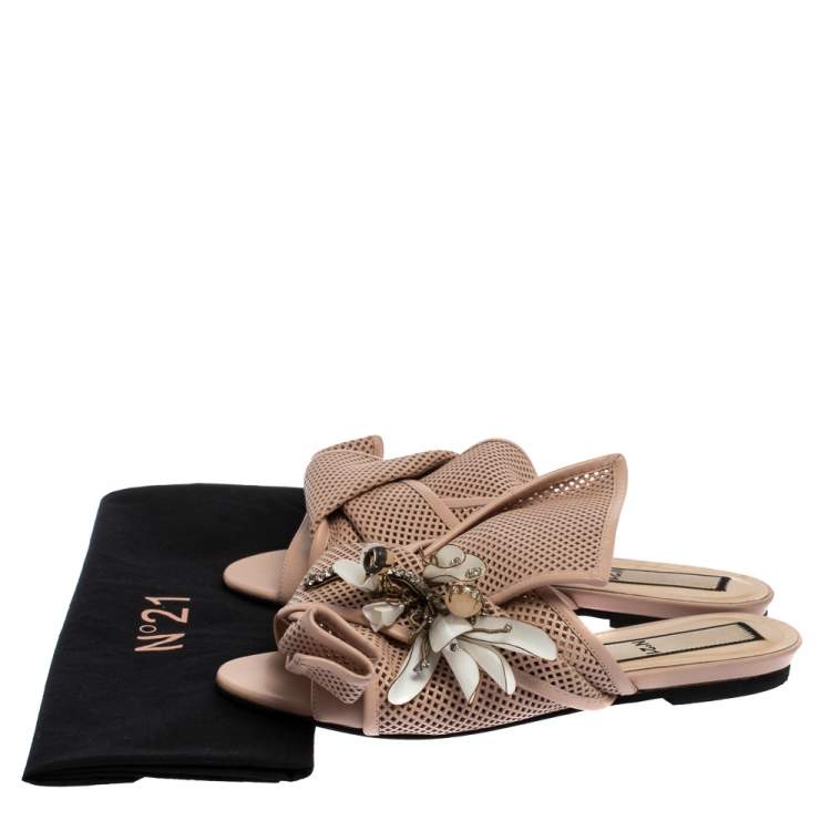 Pre Owned N21 Powder Pink Perforated Leather Knot Embellished Mules Size 38
