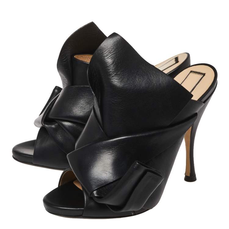 Pre Owned N21 Black Leather Ronny Pleated Mule Sandals Size 38