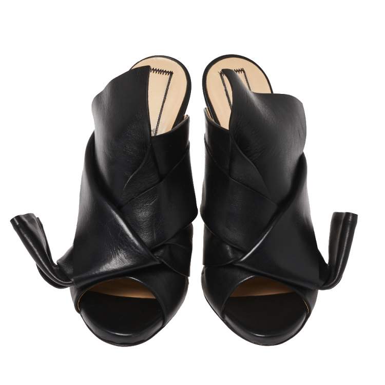 Pre Owned N21 Black Leather Ronny Pleated Mule Sandals Size 38