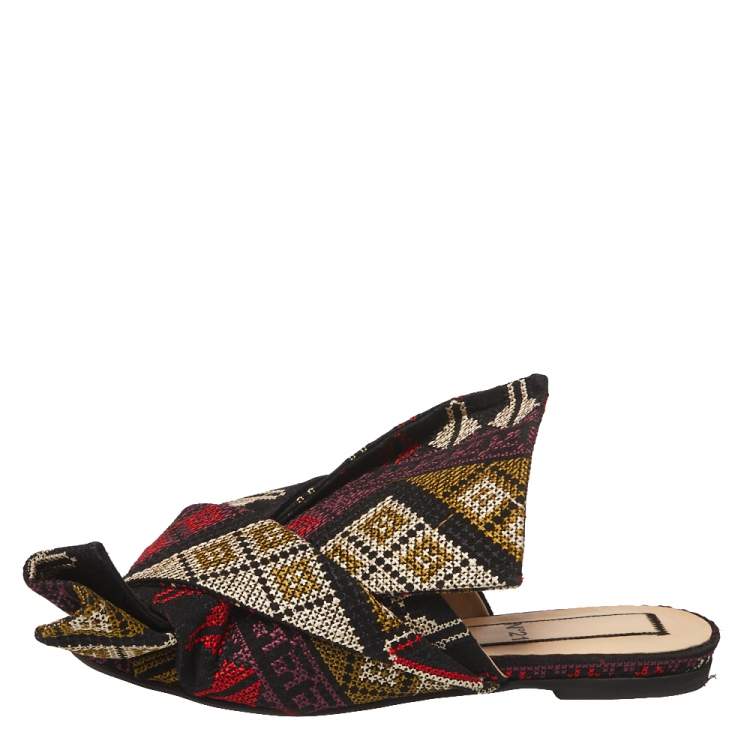 Pre Owned  N21 Multicolor Embroidered Fabric Knot Flat Slides Size 36