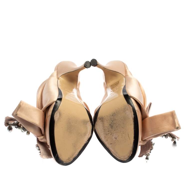 Pre Owned N°21 Beige Satin Embellished Knot Mule Sandals Size 39.5 