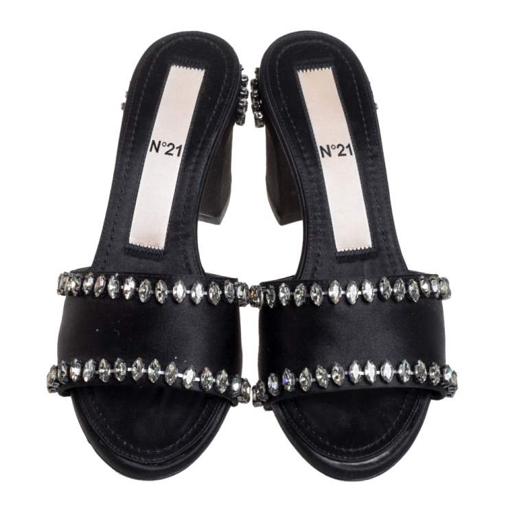 Pre Owned Nº21 Black Satin Crystal Embellished Slide Sandals Size 37