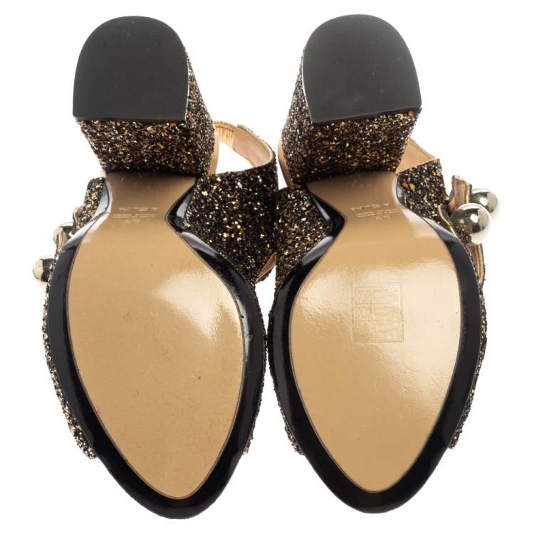 Pre Owned N21 Gold/Black Glitter Strappy Slingback Sandals Size 40