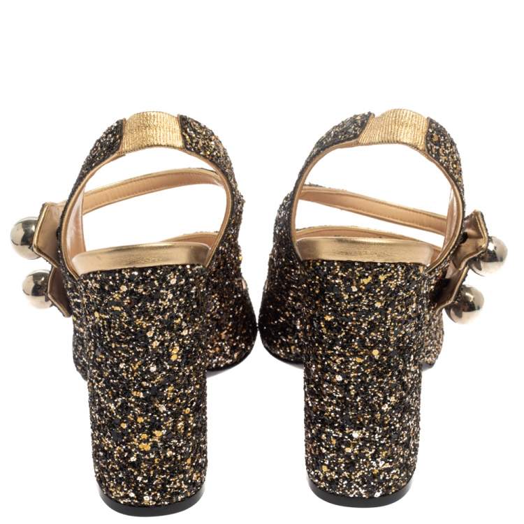Pre Owned N21 Gold/Black Glitter Strappy Slingback Sandals Size 40