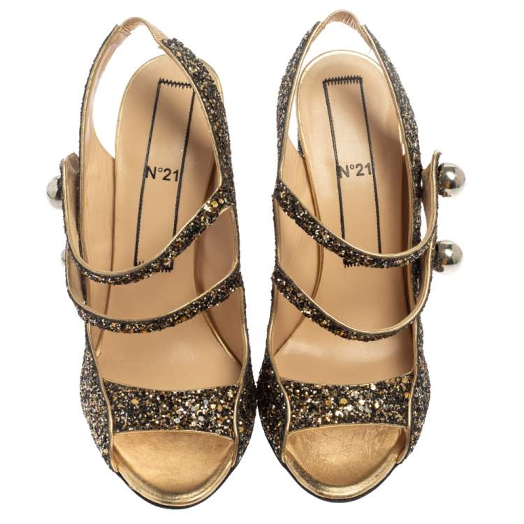 Pre Owned N21 Gold/Black Glitter Strappy Slingback Sandals Size 40