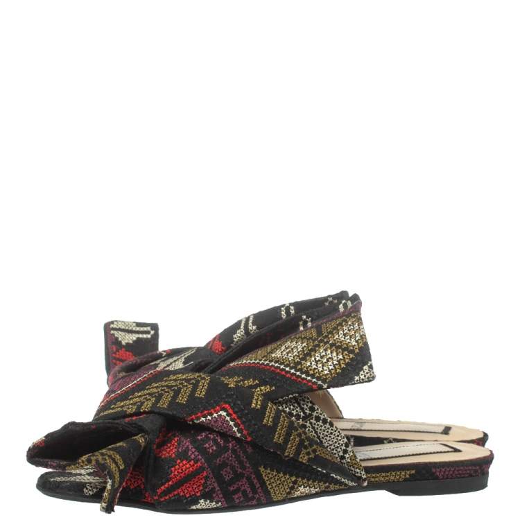 Pre Owned N21 Multicolor Embroidered Fabric Knot Flat Slides Size 36.5