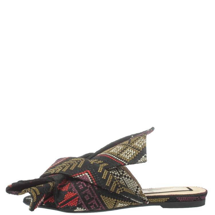 Pre Owned N21 Multicolor Embroidered Fabric Knot Flat Slides Size 36.5