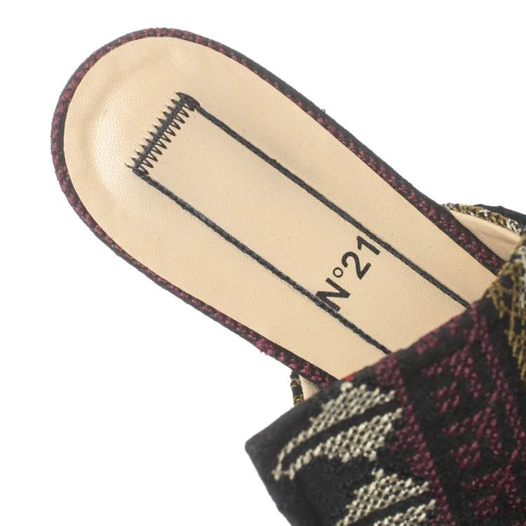 Pre Owned N21 Multicolor Embroidered Fabric Knot Flat Slides Size 36.5