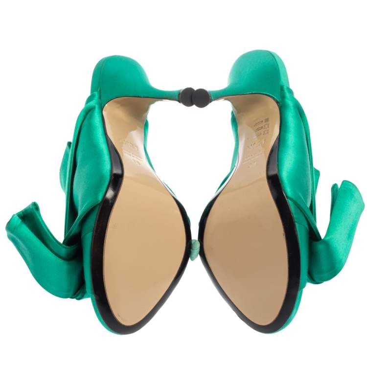 مملوكة مسبقًا N21 Emerald Green Satin Raso Knot Peep Toe Mules Size 38 