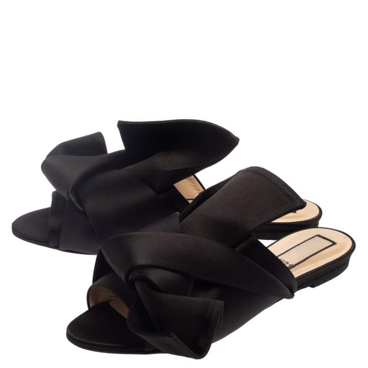 Pre Owned N21 Black Satin Knot Flat Mules Size 39