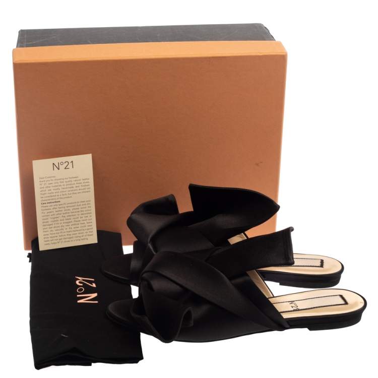 Pre Owned N21 Black Satin Knot Flat Mules Size 39