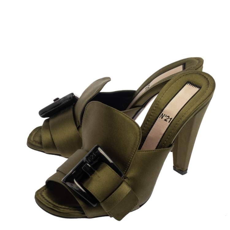 Pre Owned N21 Green Satin  Slip On Mule Sandals Size 37.5