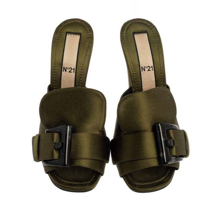 Pre Owned N21 Green Satin  Slip On Mule Sandals Size 37.5