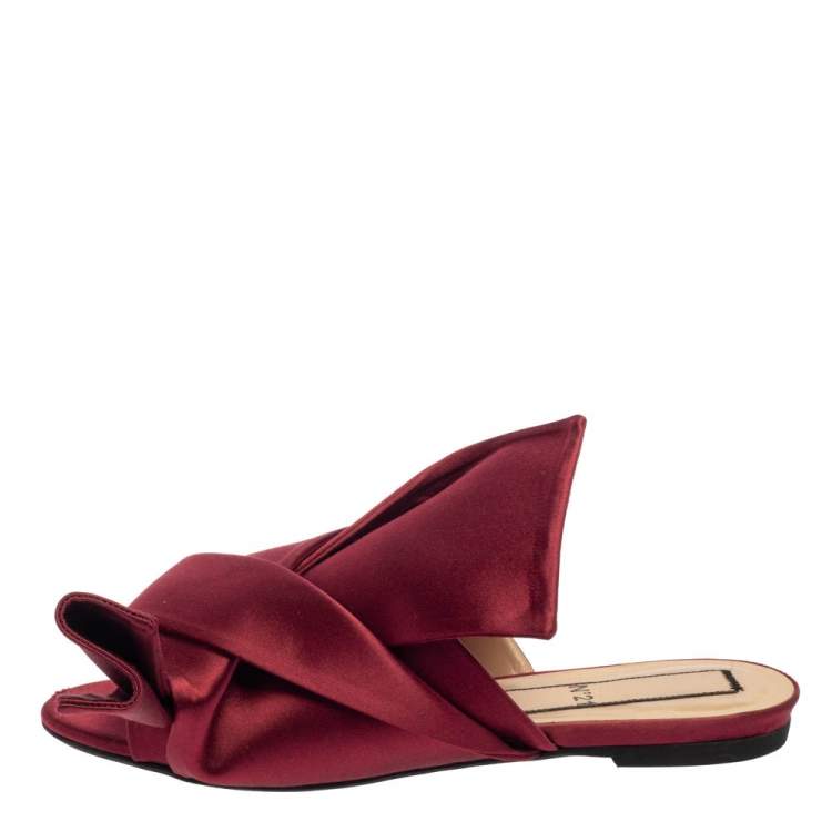 Pre Owned N21 Burgundy Satin Knotted Flats Size 39