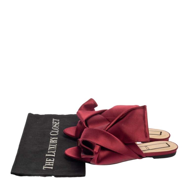 Pre Owned N21 Burgundy Satin Knotted Flats Size 39