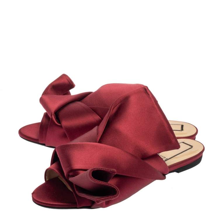 Pre Owned N21 Burgundy Satin Knotted Flats Size 39